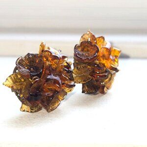 Rare Vintage Molded Carved Amber colored Glass screw back earrings Made in Japan